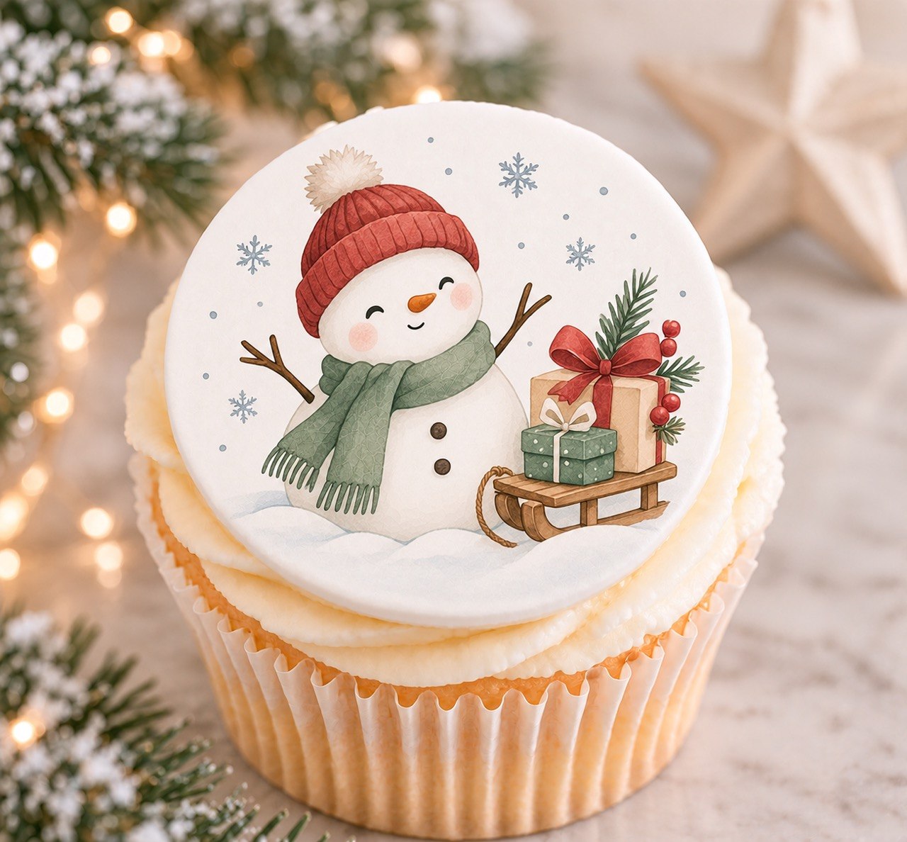 Snowman & Sleigh — edible fondant cake topper
