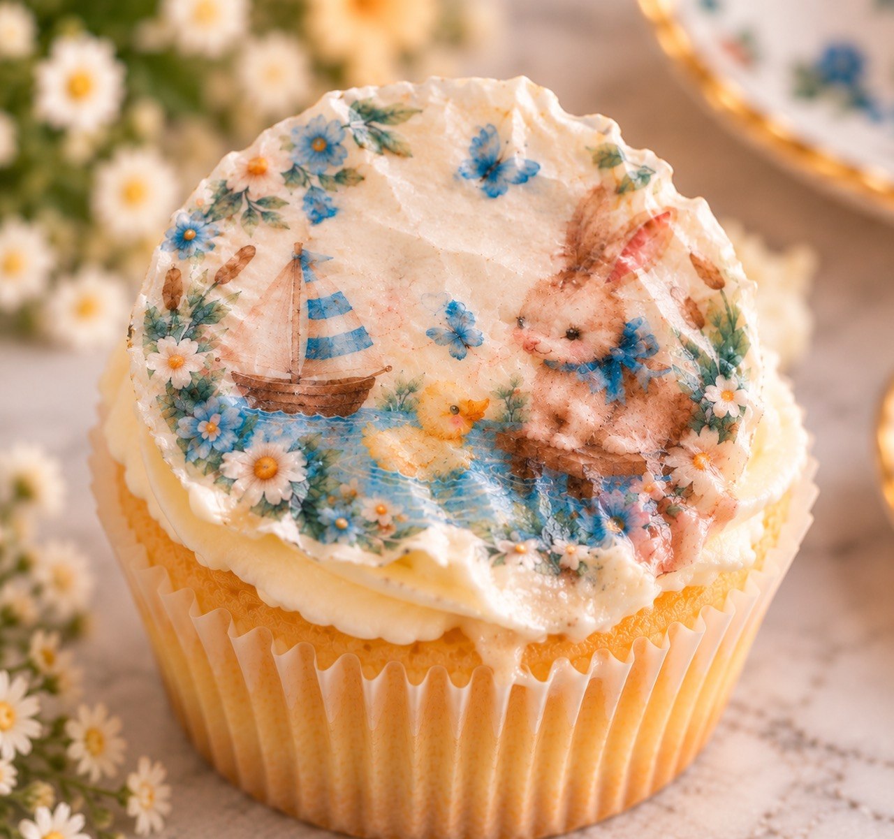 Cupcake topped with the same Little One design on wafer paper — thin, wrinkled with moisture and less defined than fondant