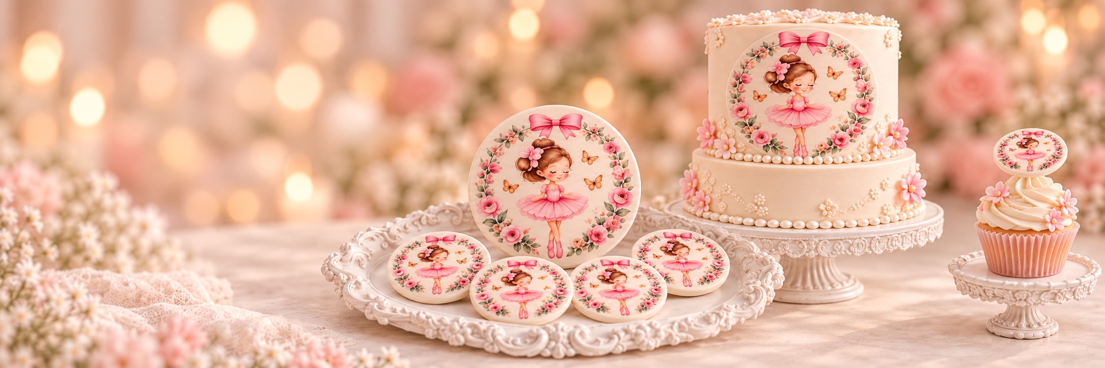 Two-tier cake, fondant circles and a matching cupcake topped with the Cake Fondies ballerina design — a girl in a pink tutu framed by pink roses and butterflies