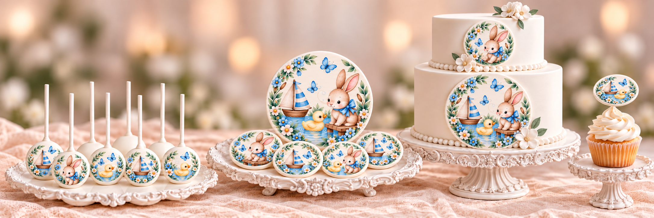 Cake, fondant circles and a matching cupcake topped with the Cake Fondies Little One design — a bunny and duckling beside a sailboat framed by blue wildflowers