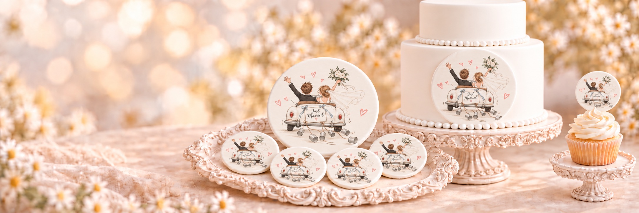 Cake and matching cupcakes topped with the Cake Fondies Just Married design — a bride and groom waving from a decorated wedding car