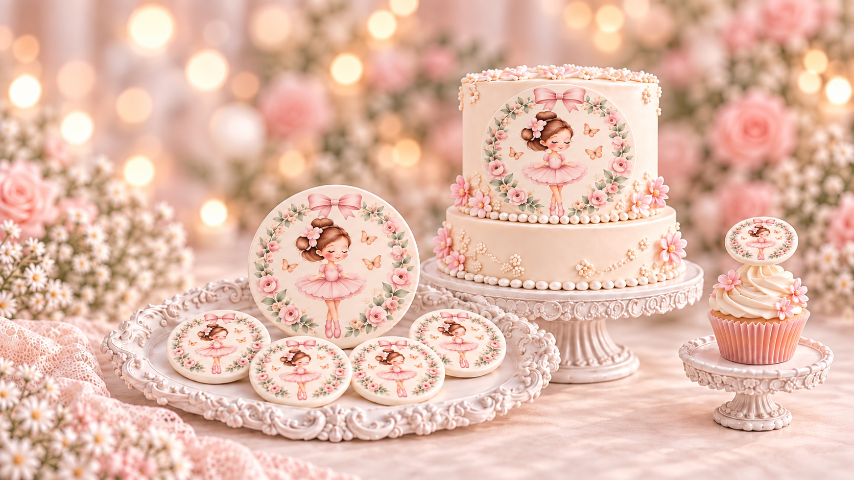Two-tier cake, fondant circles and a matching cupcake topped with the Cake Fondies ballerina design — a girl in a pink tutu framed by pink roses and butterflies