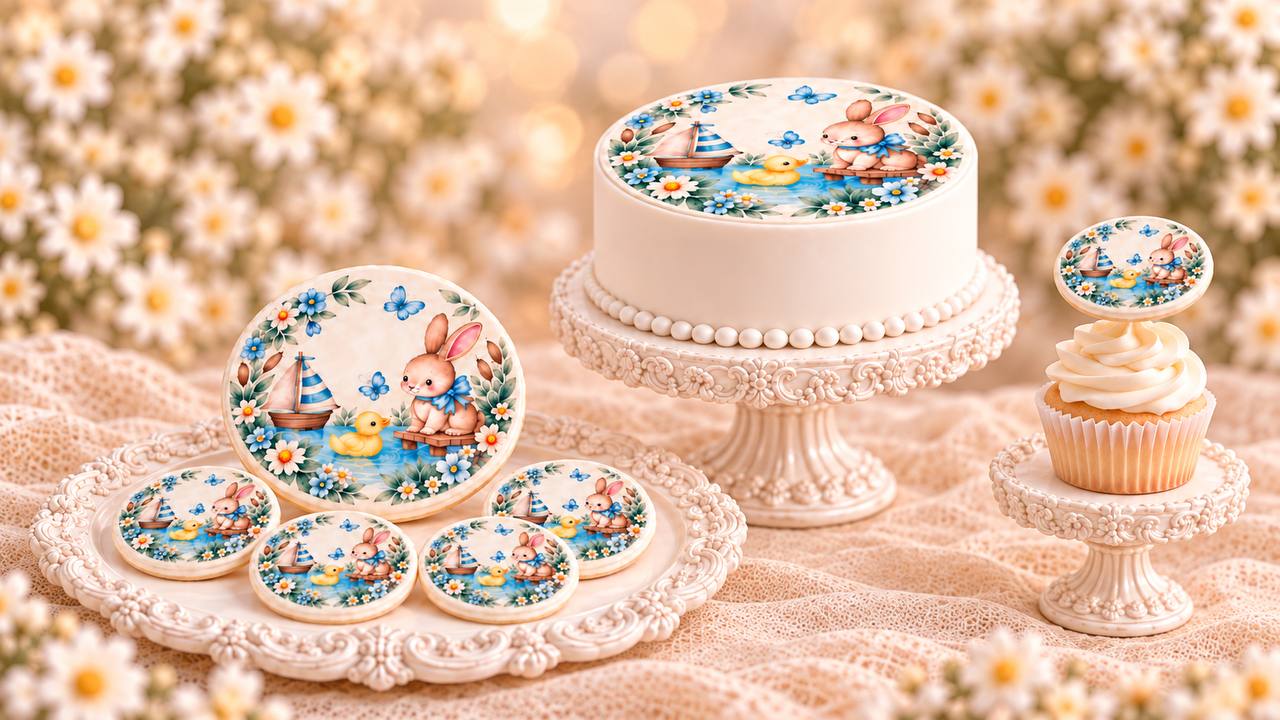 Cake, fondant circles and a matching cupcake topped with the Cake Fondies Little One design — a bunny and duckling beside a sailboat framed by blue wildflowers