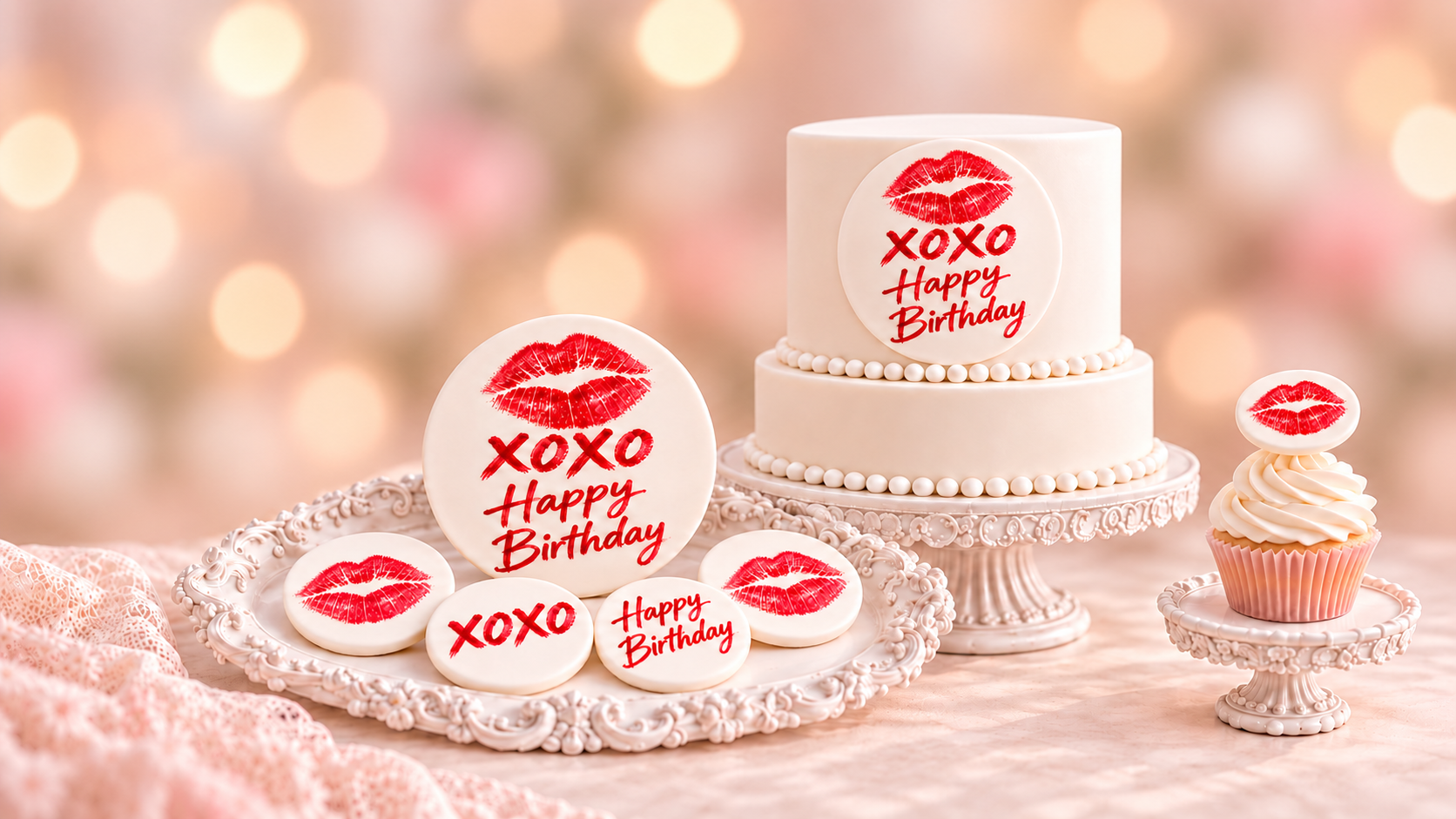 Two-tier cake, fondant circles and a matching cupcake topped with the Cake Fondies Red Kiss design — bold red lips and XOXO Happy Birthday lettering