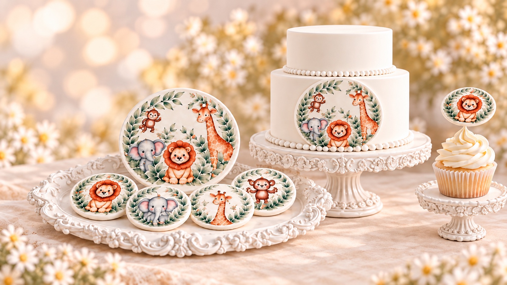 Two-tier cake, fondant circles and a matching cupcake topped with the Cake Fondies Safari Friends design — monkey, elephant, lion and giraffe framed by leaves