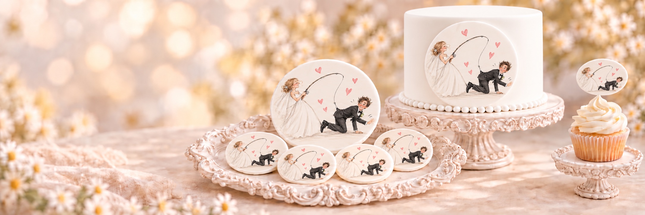 Cake and matching cupcakes topped with a Cake Fondies wedding design — a bride catching the groom on a heart-tipped fishing rod