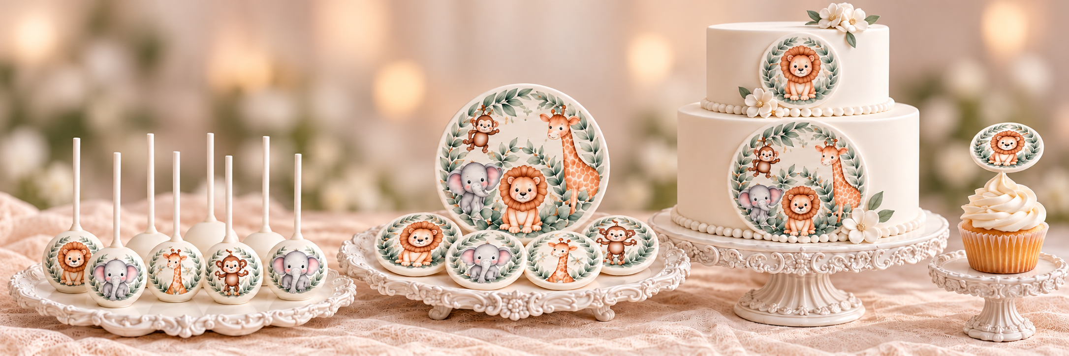 Cake, cupcakes and fondant circles topped with the Cake Fondies Safari Friends design — monkey, elephant, lion and giraffe framed by leaves on a soft daisy backdrop