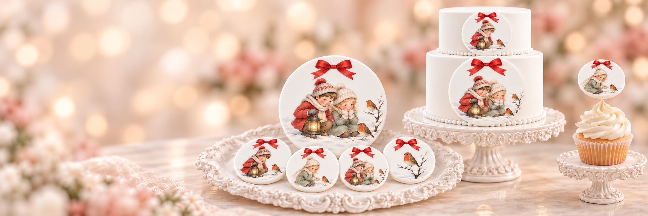 Two-tier cake, fondant circles and a matching cupcake topped with the Cake Fondies Winter Lantern design — children with a lantern feeding robins in the snow