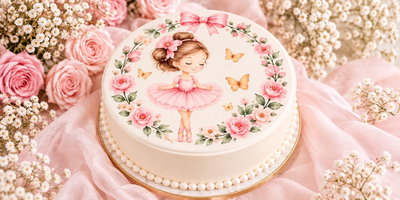 Princess cake topped with the ballerina fondant circle — a girl in a pink tutu framed by pink roses and butterflies