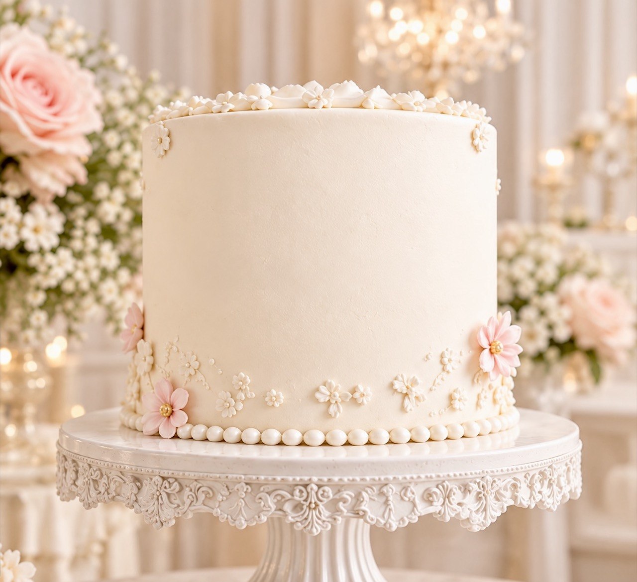 Smooth ivory-frosted cake on a lace stand, piped with small blossoms and a pearl border, ready for a cake circle