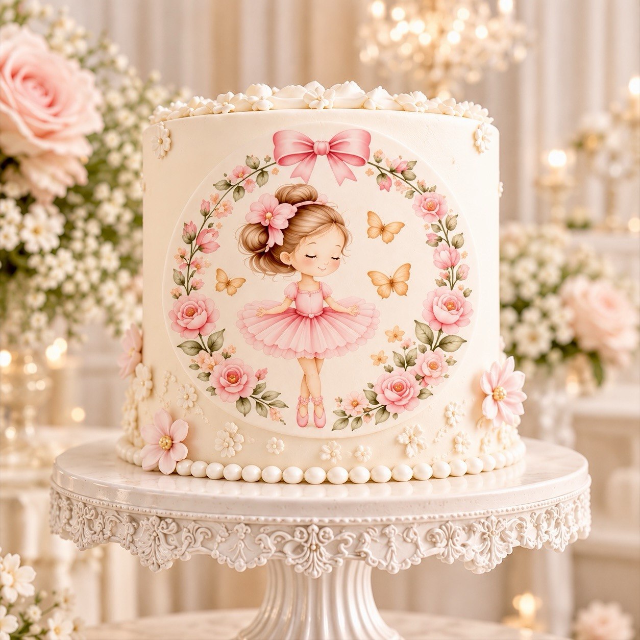 Cake on a lace stand topped with the ballerina cake circle — a girl in a pink tutu framed by pink roses