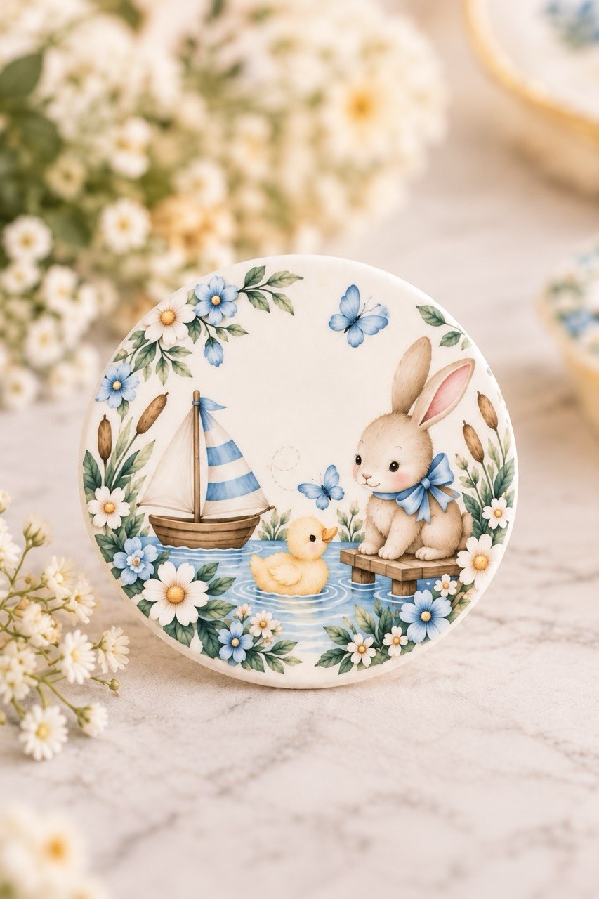 Little One — Bunny & Boat fondant circle on a marble counter — a bunny and duckling beside a sailboat on a pond, framed by blue wildflowers and butterflies