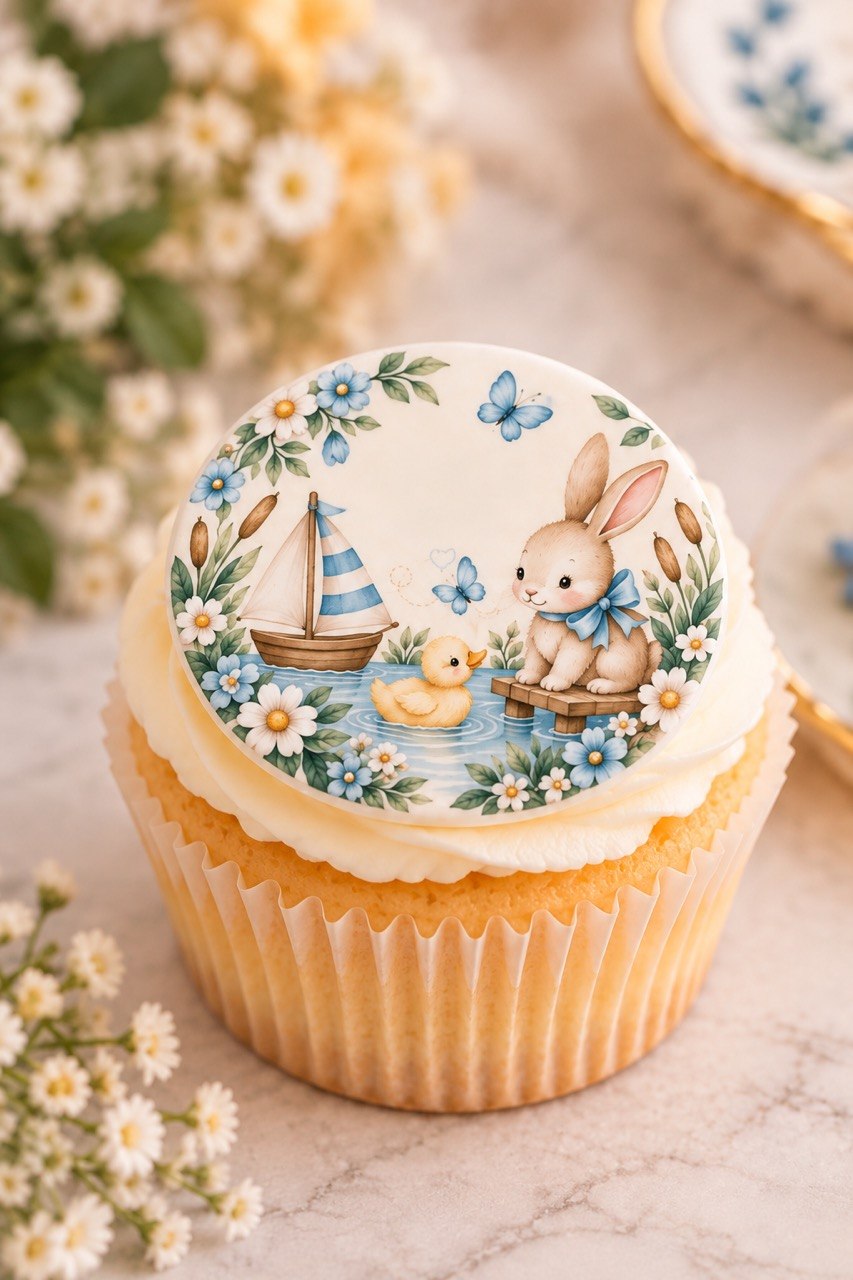 Cupcake topped with the Little One — Bunny & Boat fondant circle — bunny, duckling and sailboat framed by blue wildflowers